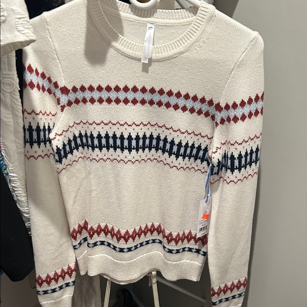 Southern Tide White Sweater with Red and Blue Patterns